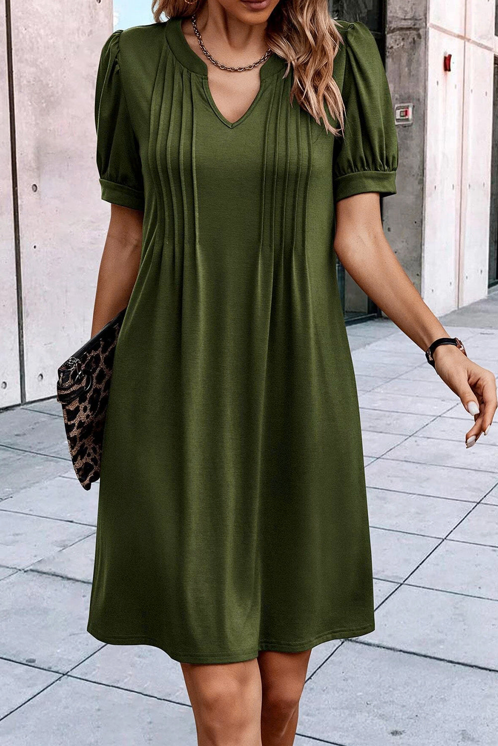 Fern Green Notched Neck Pleated Puff Sleeve Shift T-shirt Dress