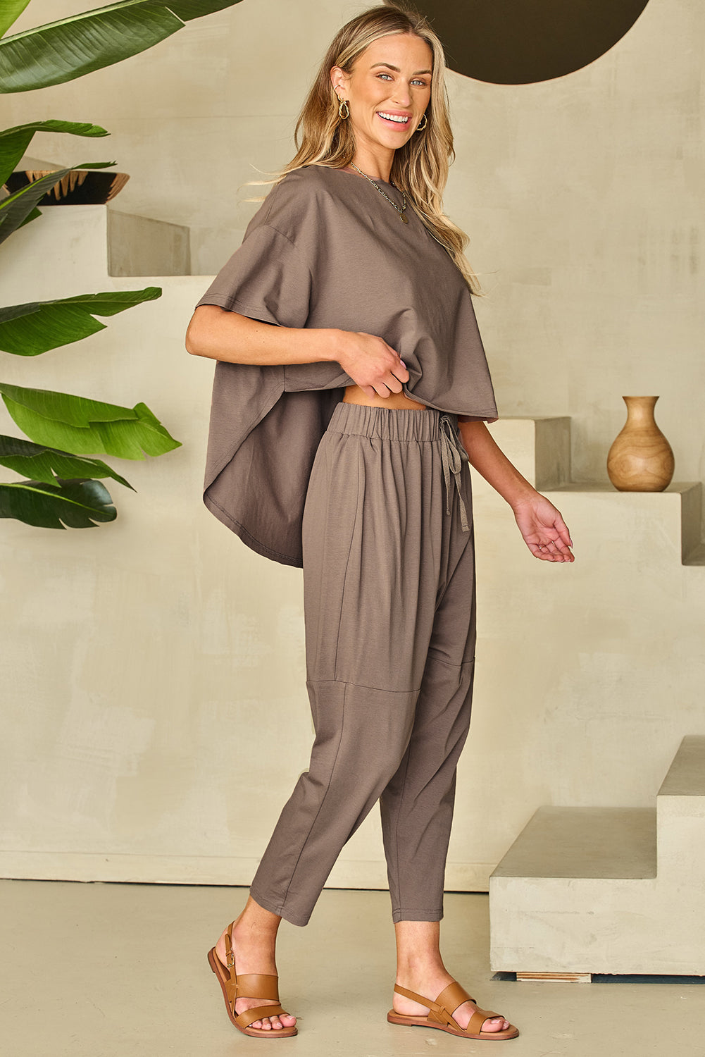 Simply Taupe High Low Boxy Fit Tee and Crop Pants Set