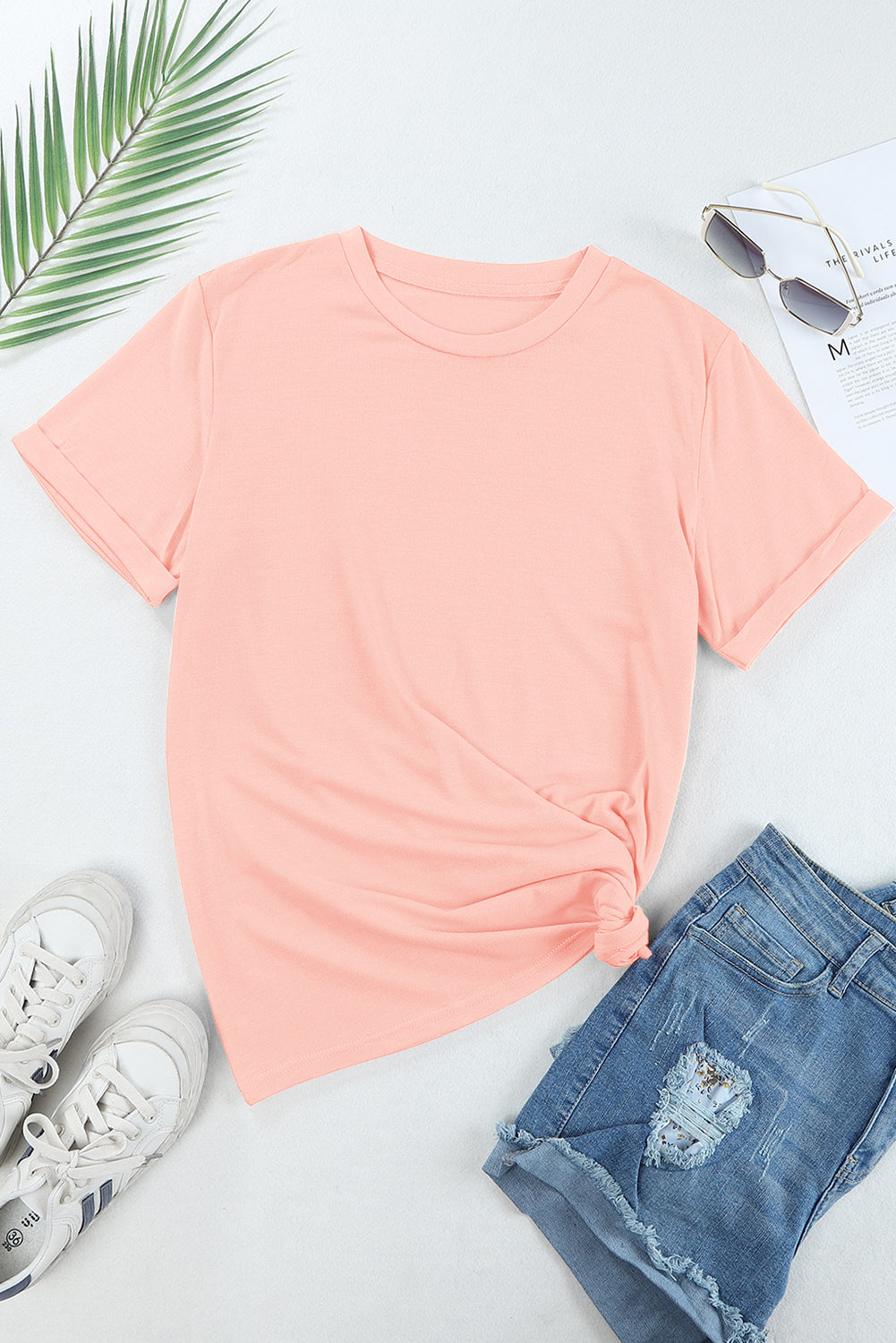 Pink Casual Plain Crew Neck Tee