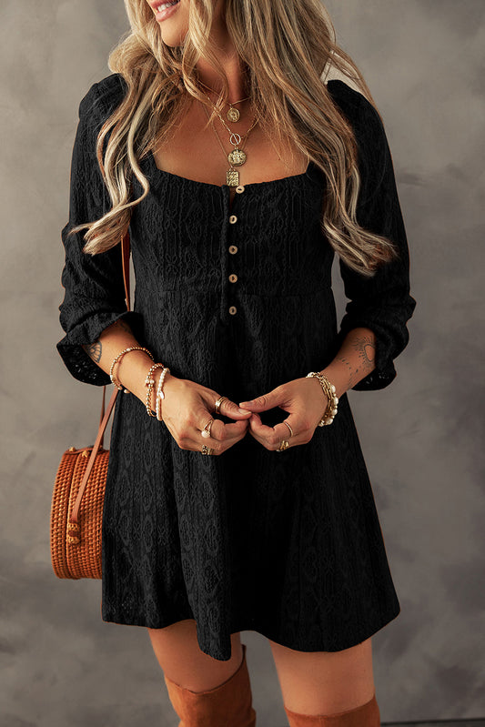 Black Lace Crochet Buttoned Square Neck Shift Mini Dress