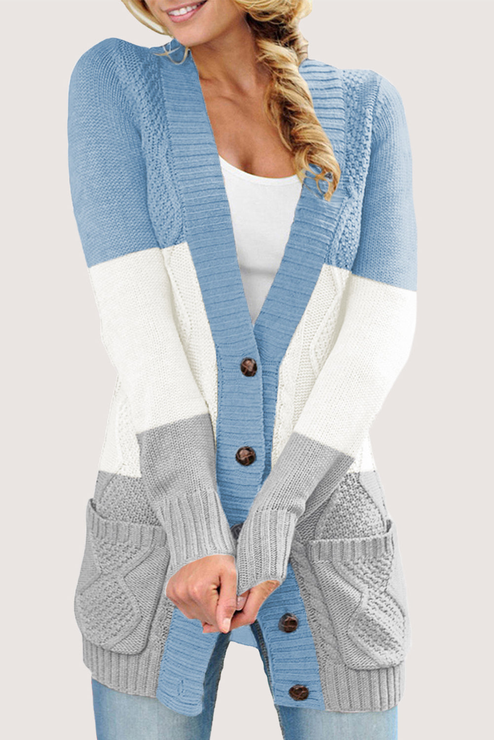 Blue Front Pocket and Buttons Closure Cardigan