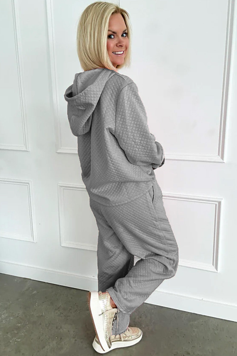 Gray Solid Color Drawstring Hoodie and Wide Leg Pants Set