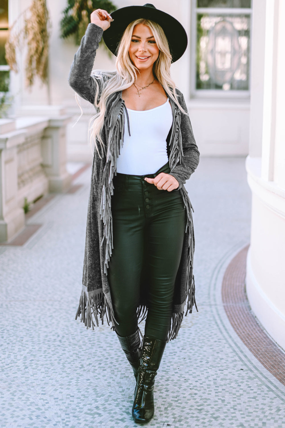 Black Fringed Hem Pocketed Open Cardigan