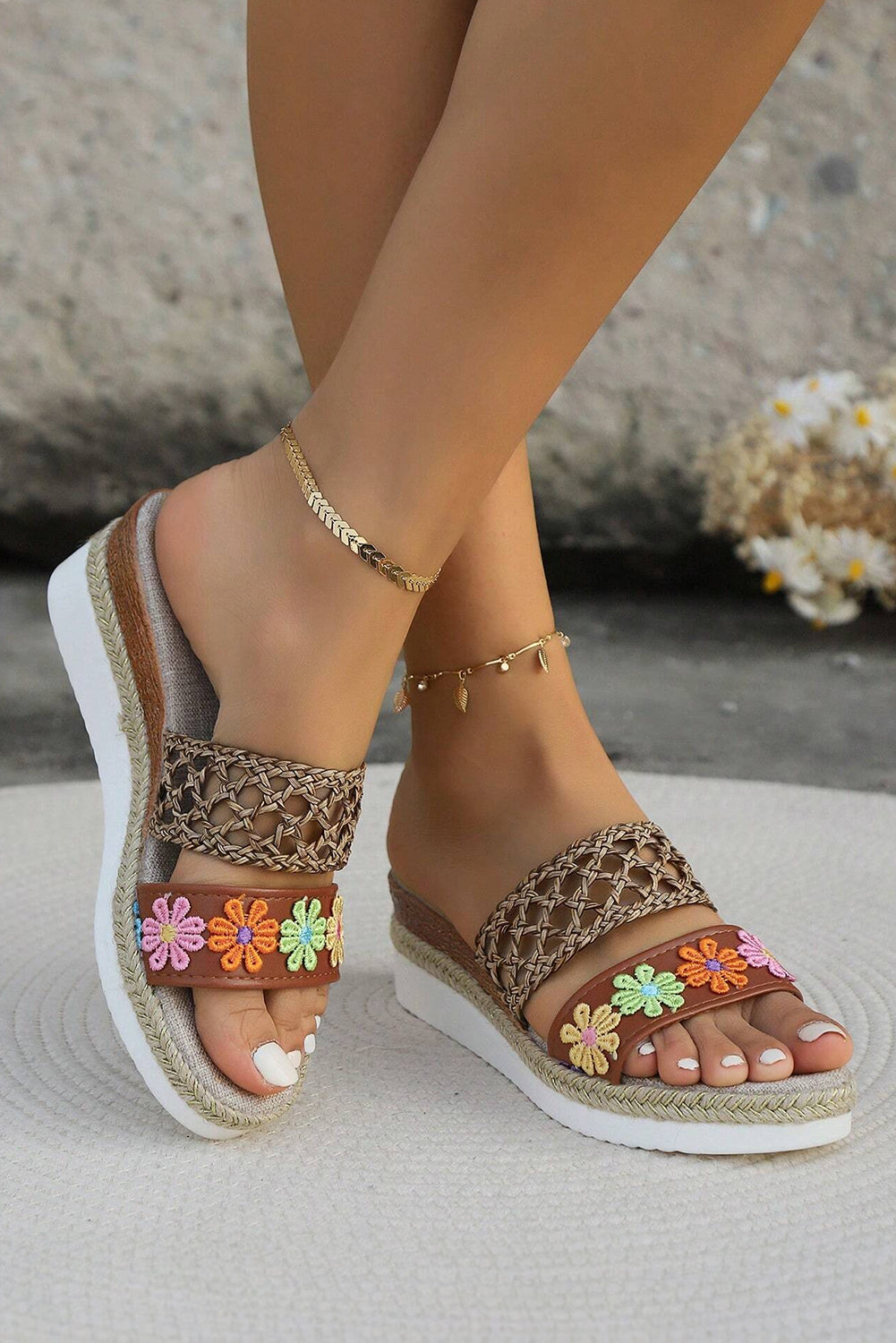 White Floral Print Braided Details Wedge Slippers