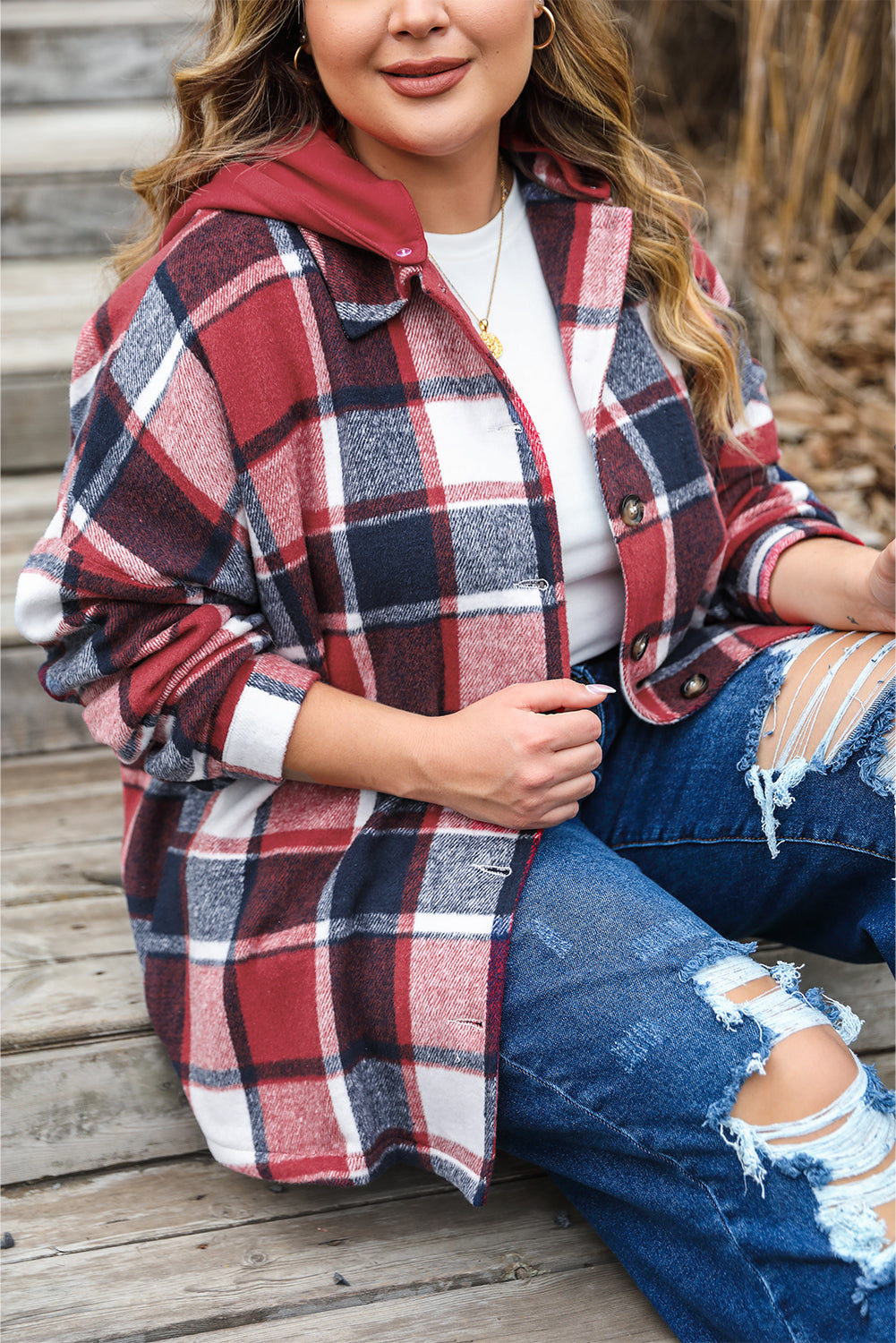 Red Printed Plus Size Plaid Button up Hooded Jacket