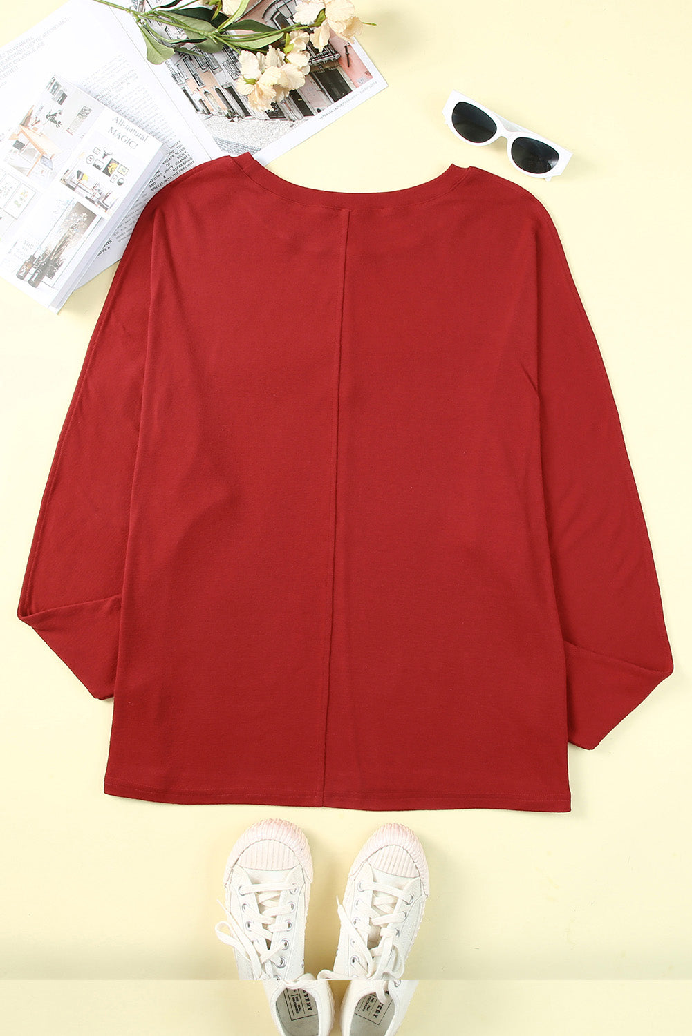 Fiery Red Solid Color Patchwork Long Sleeve Top