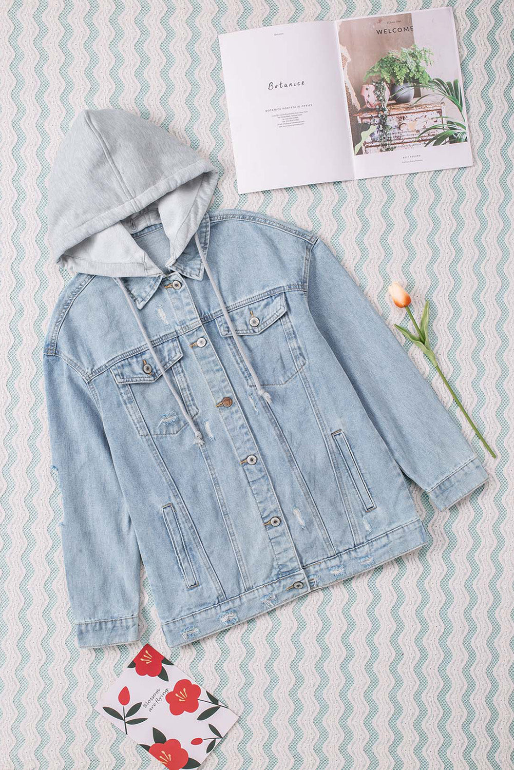 Sky Blue Button Closure Ripped Hooded Denim Jacket