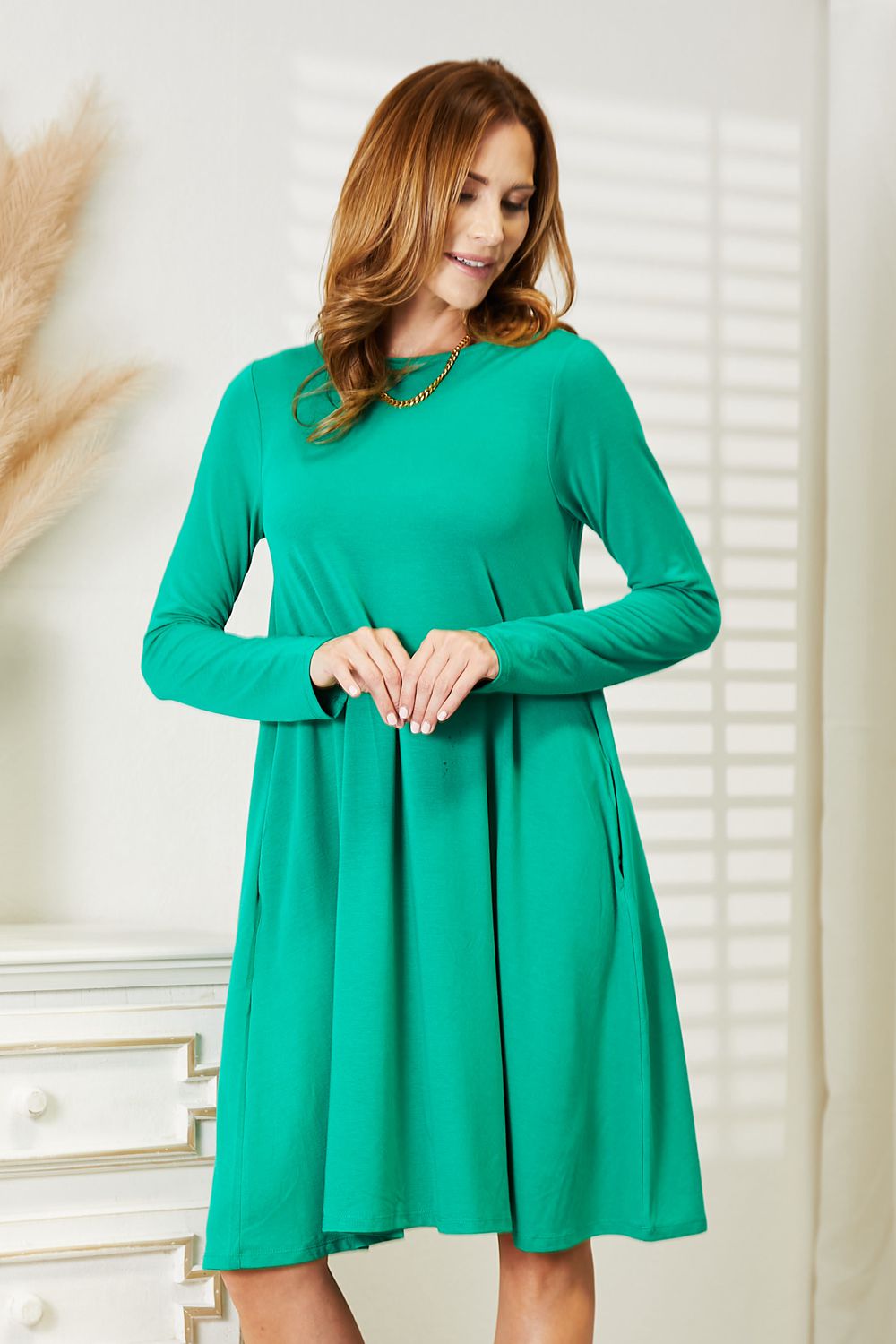 Zenana Full Size Long Sleeve Flare Dress with Pockets