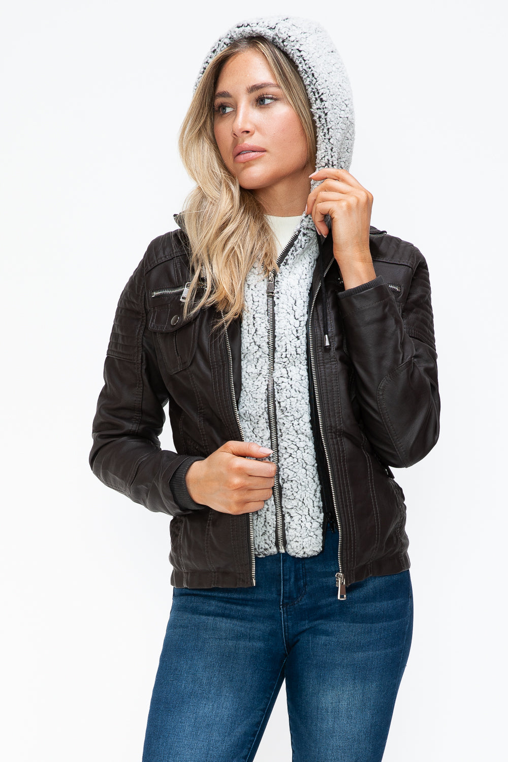 YMI Removable Faux Layered Multi-Pocket Jacket with Fuzzy Hood