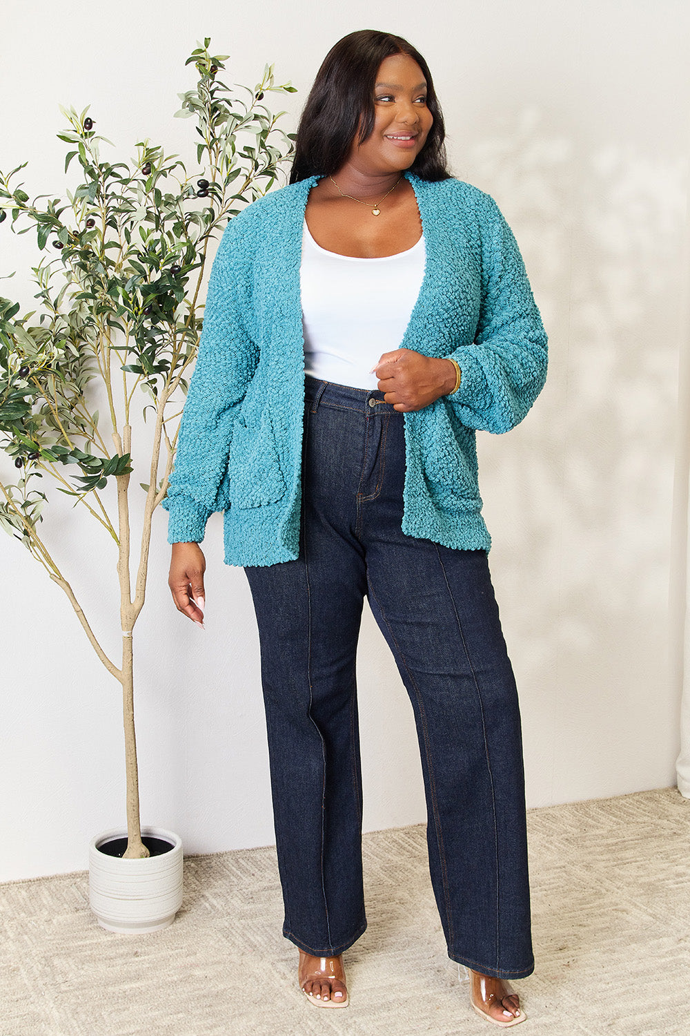 Zenana Falling For You Full Size Open Front Cardigan with Pockets