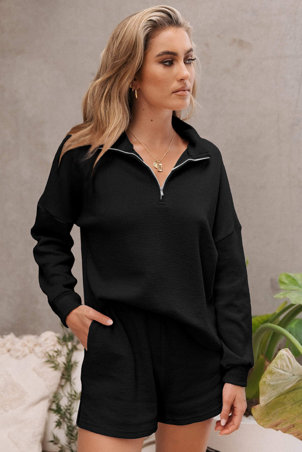 Black Ribbed Zipper Sweatshirt and High Waist Shorts Set