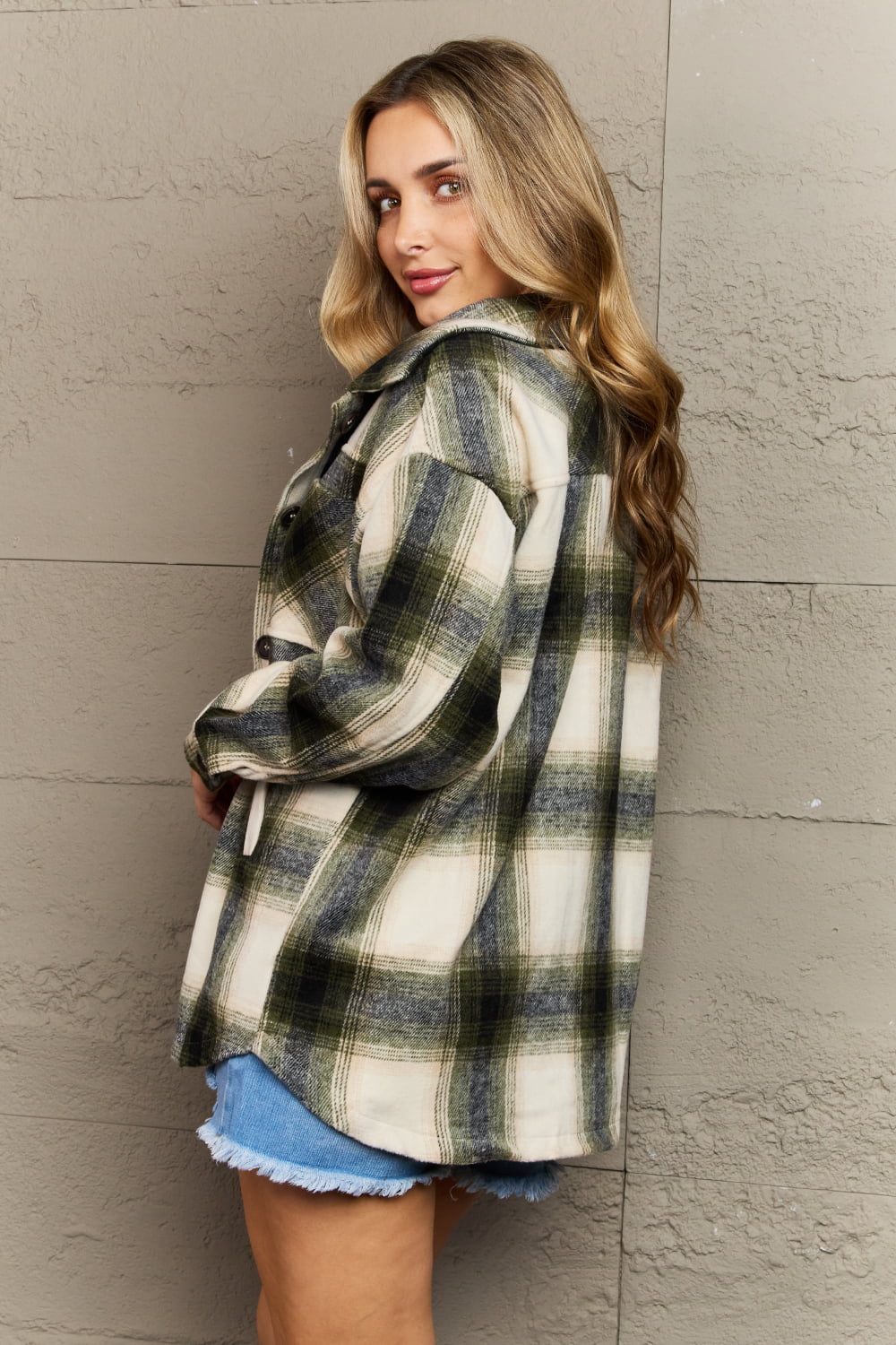 Zenana By The Fireplace Oversized Plaid Shacket in Olive