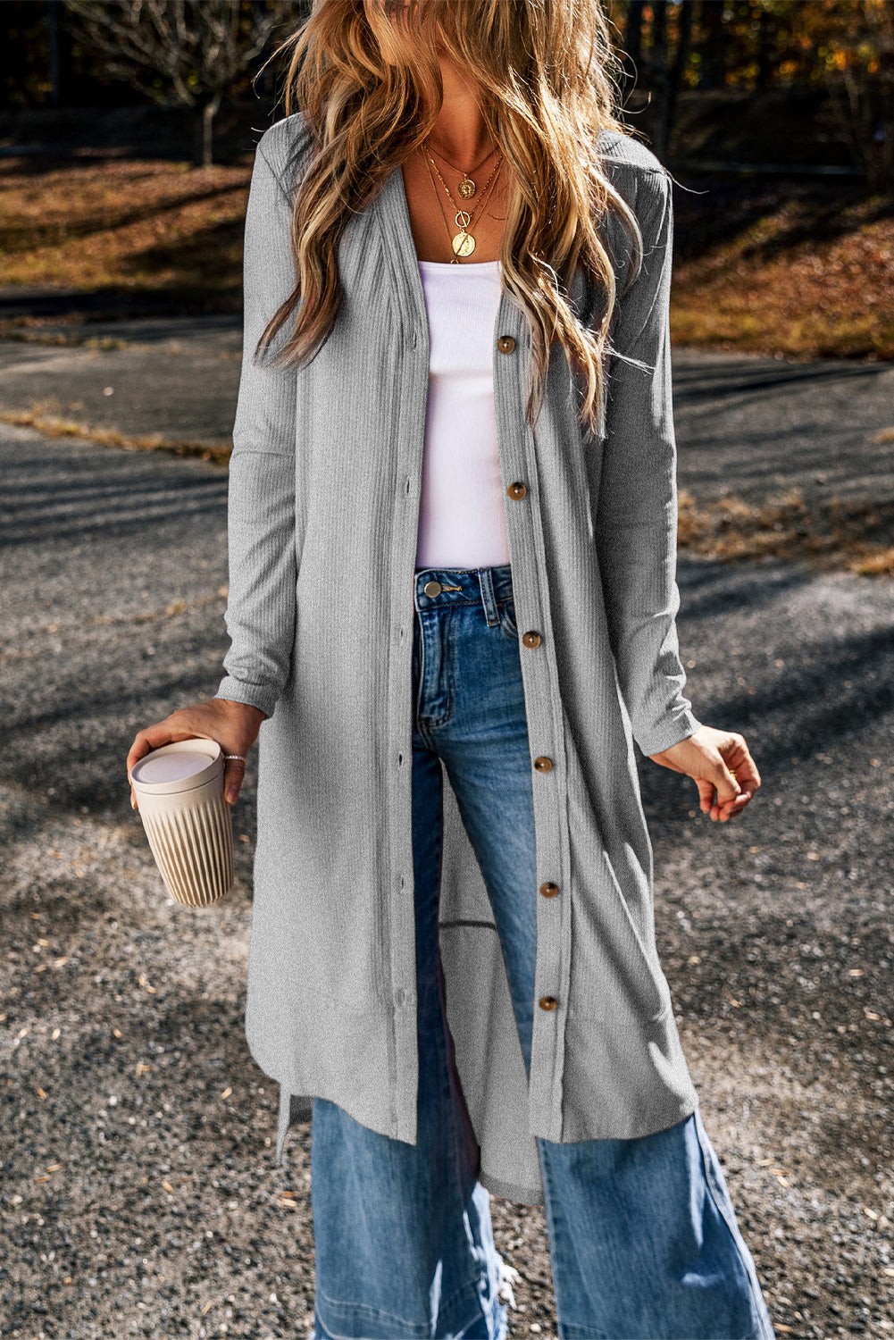 Gray Ribbed Button-Up Split Duster Cardigan