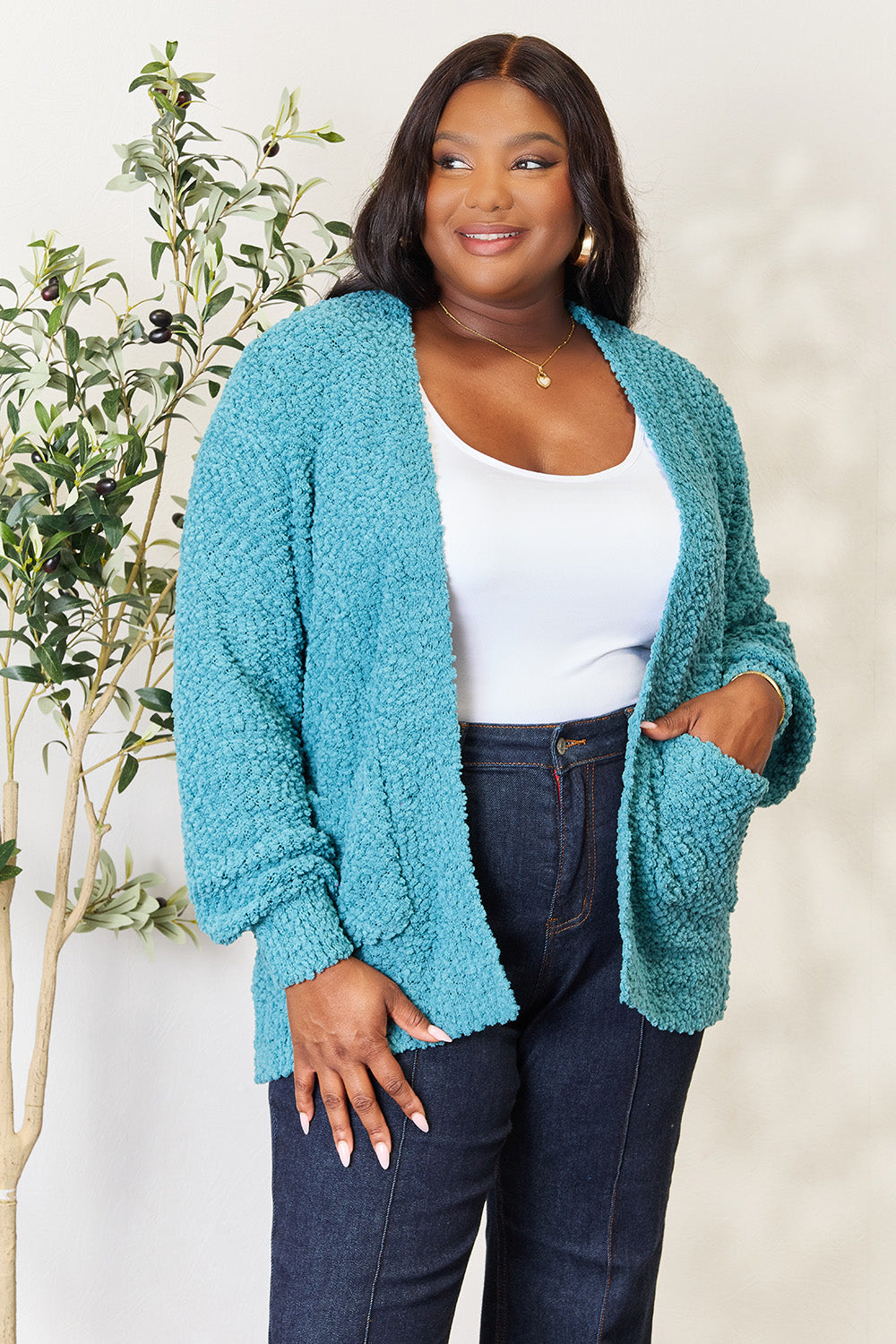 Zenana Falling For You Full Size Open Front Cardigan with Pockets