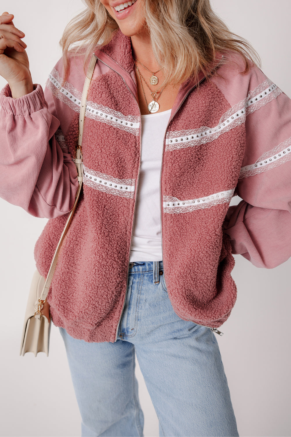 Rose Pink Sherpa Patchwork Lace Elastic Cuff Zip Up Jacket