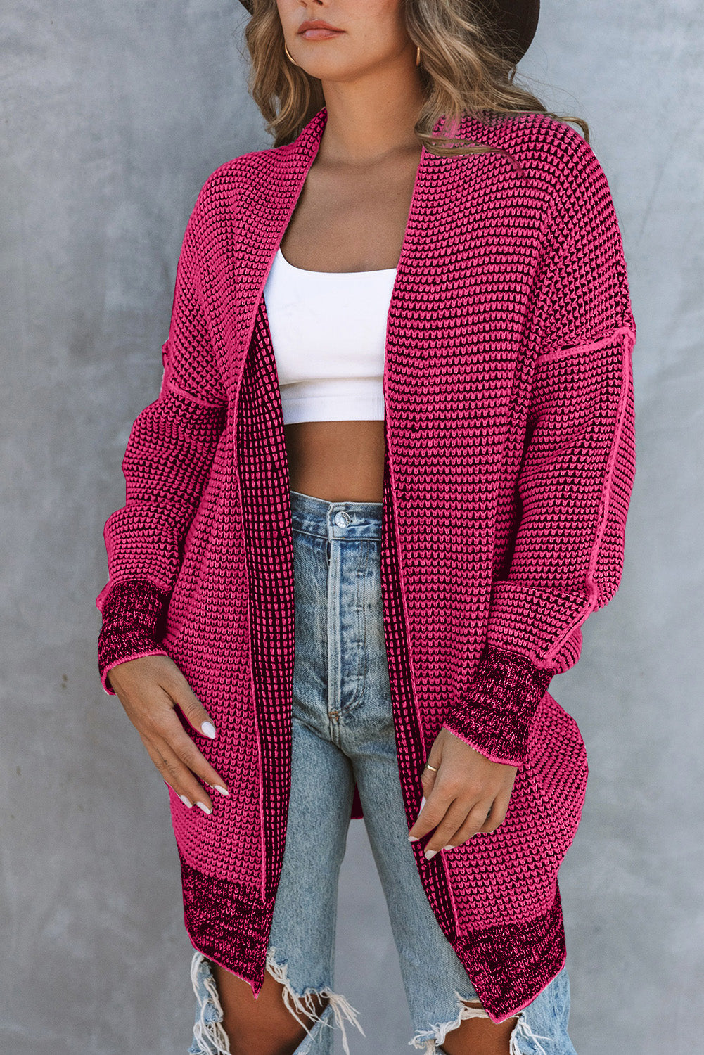 Rose Plaid Knitted Long Open Front Cardigan