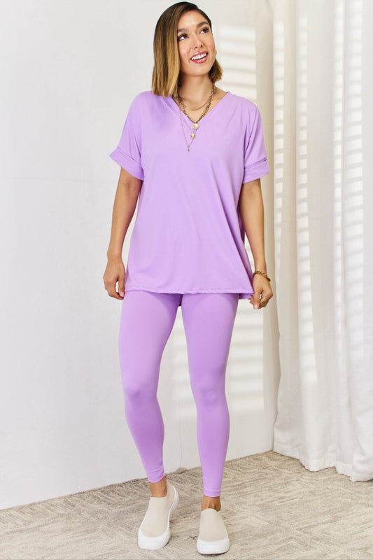 Zenana V-Neck Rolled Short Sleeve T-Shirt and Leggings Set