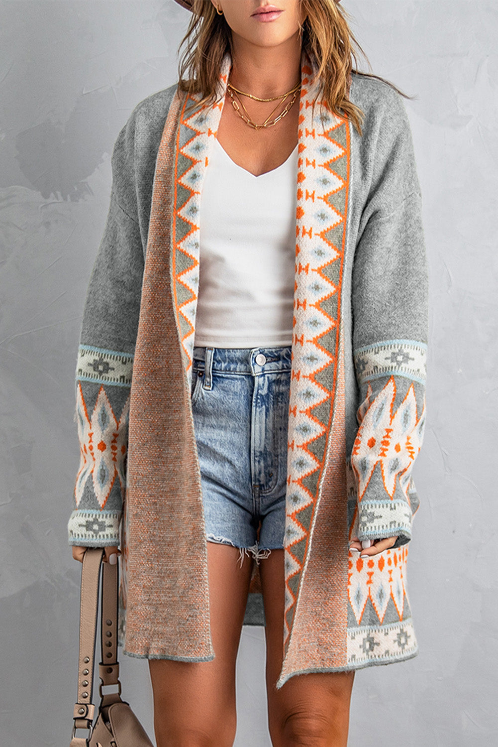 Gray Aztec Print Open Front Knitted Cardigan