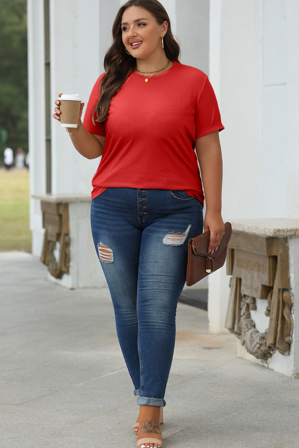 Red Casual Plain Crew Neck Tee