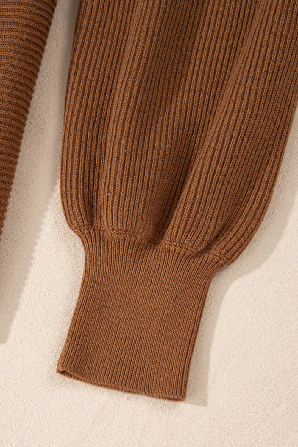 Camel Ribbed Knit Drop Sleeve V Neck Loose Fit Sweater