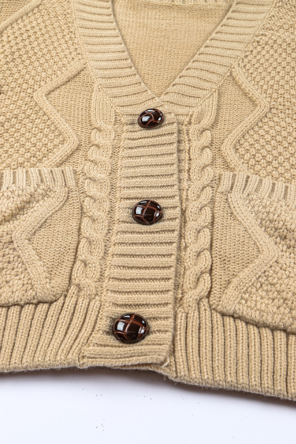 Beige Front Pockets Buttons Textured Cardigan