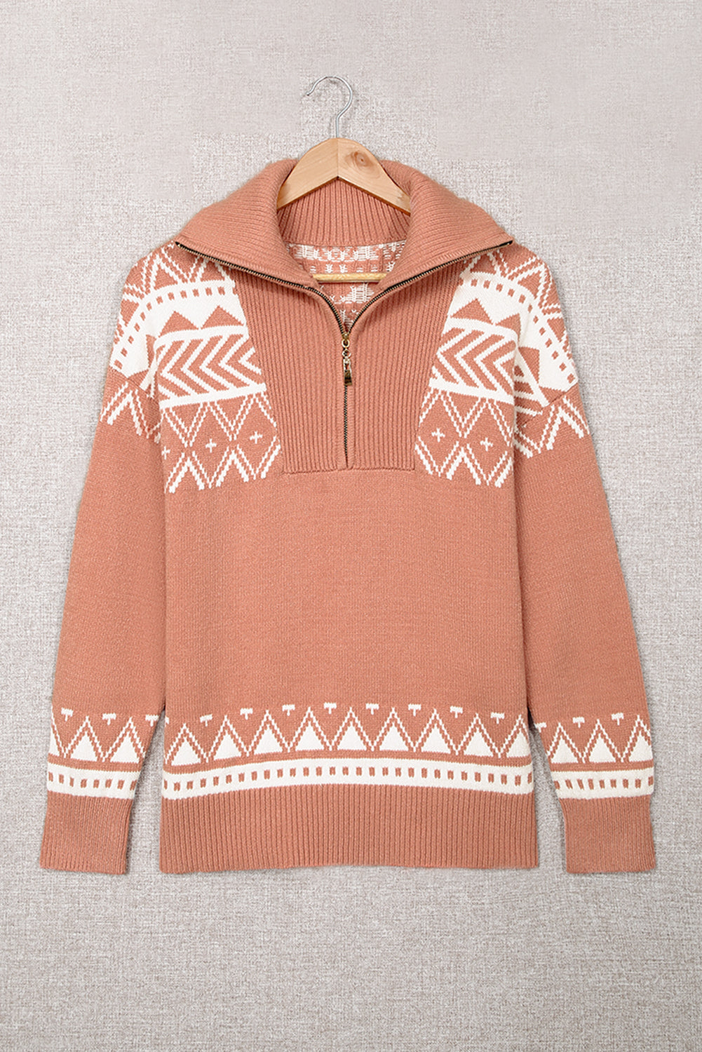 Pink Geometry Knit Quarter Zip Sweater