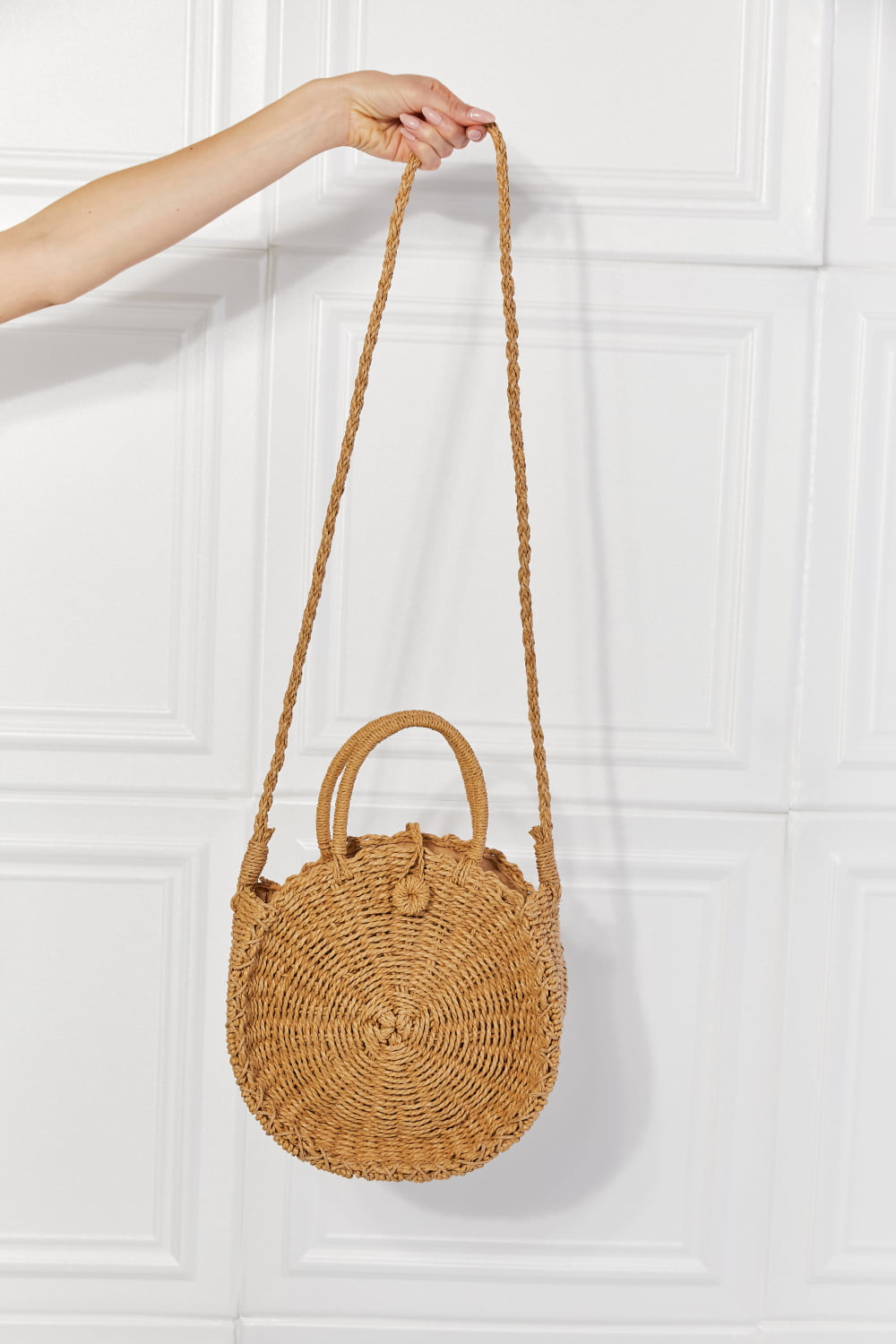 Justin Taylor Feeling Cute Rounded Rattan Handbag in Camel