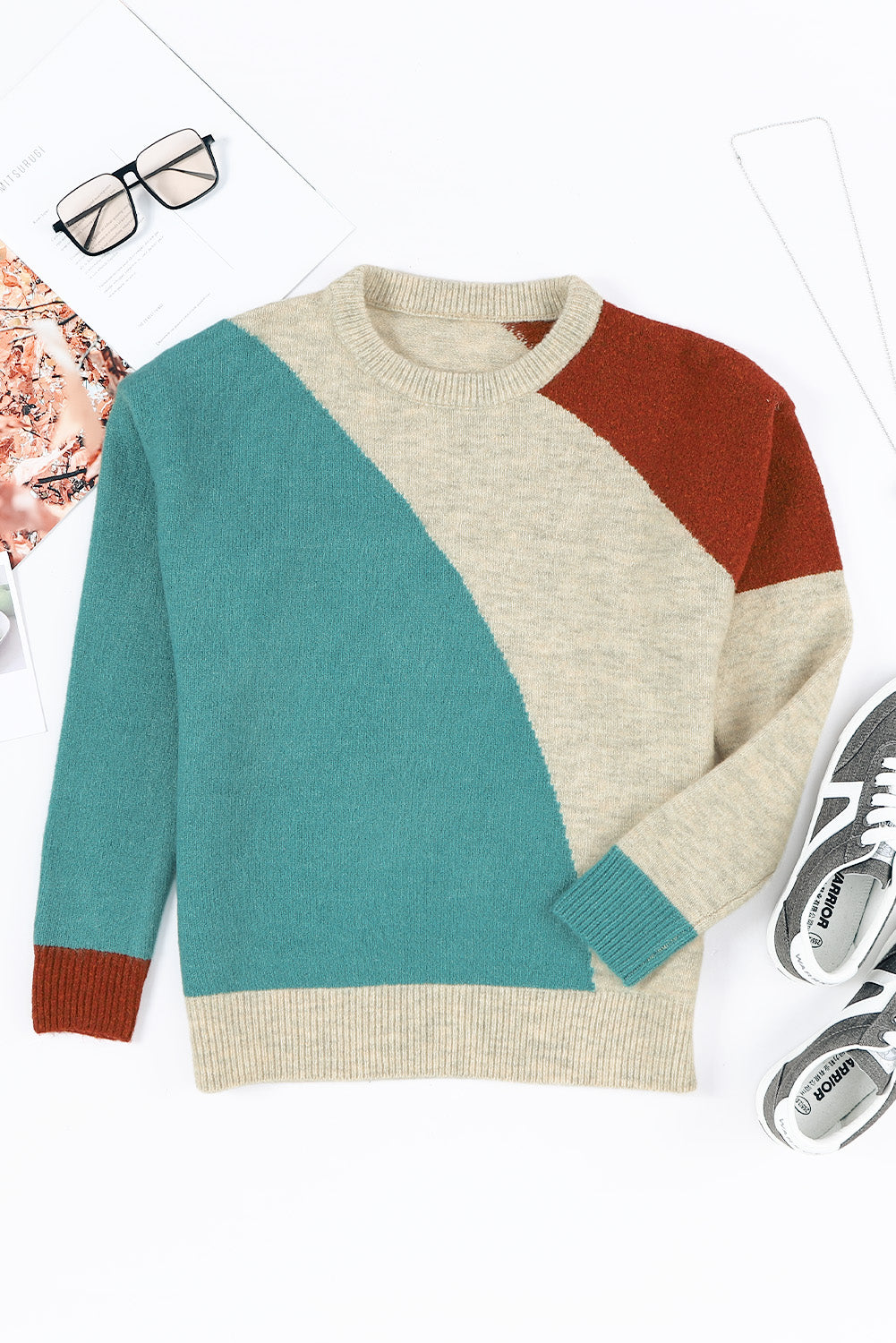 Multicolor Colorblock Ribbed Trim Round Neck Sweater