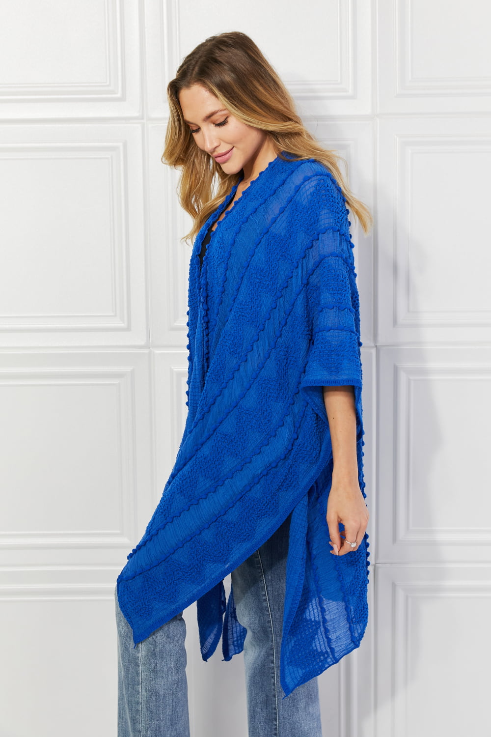 Justin Taylor Pom-Pom Asymmetrical Poncho Cardigan in Blue