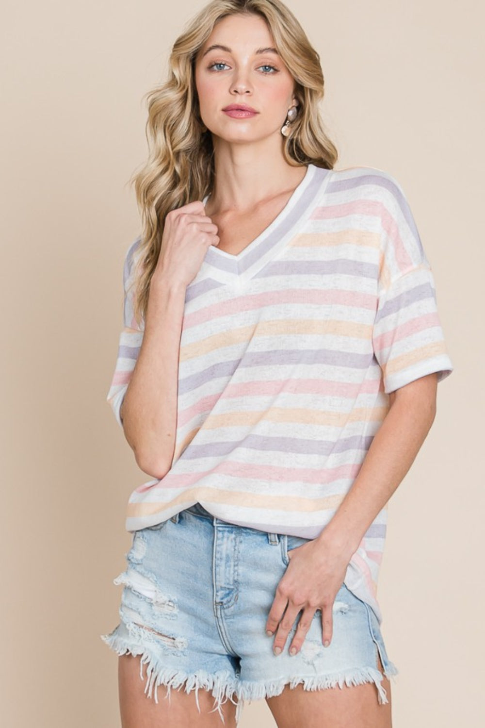 BOMBOM Striped V-Neck Short Sleeve T-Shirt