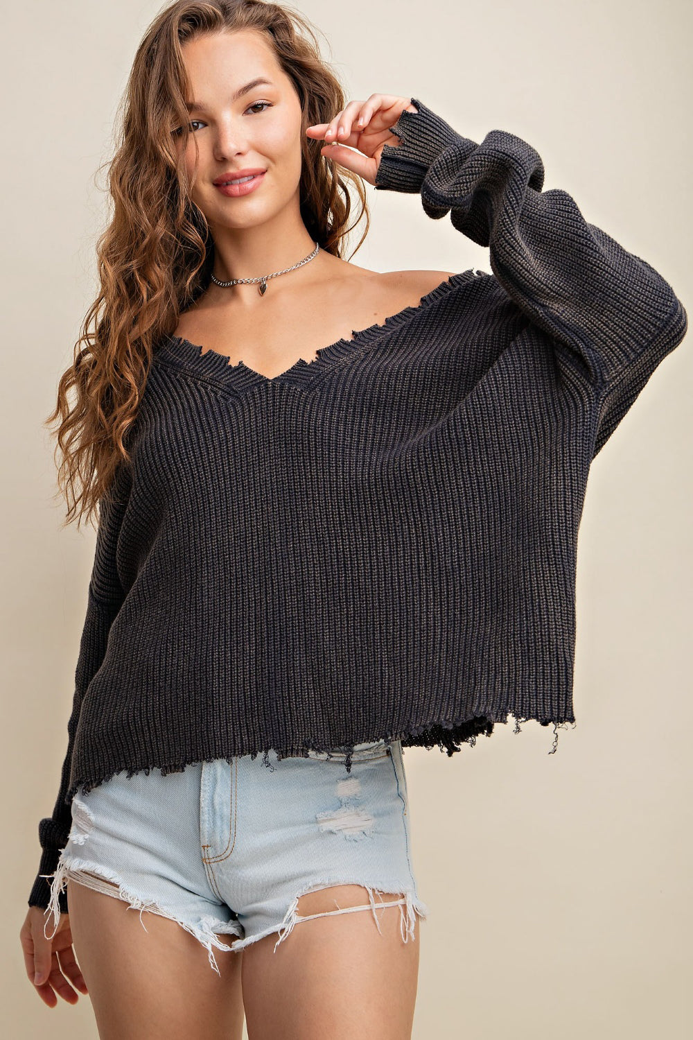 Kori America Distressed V-Neck Sweater