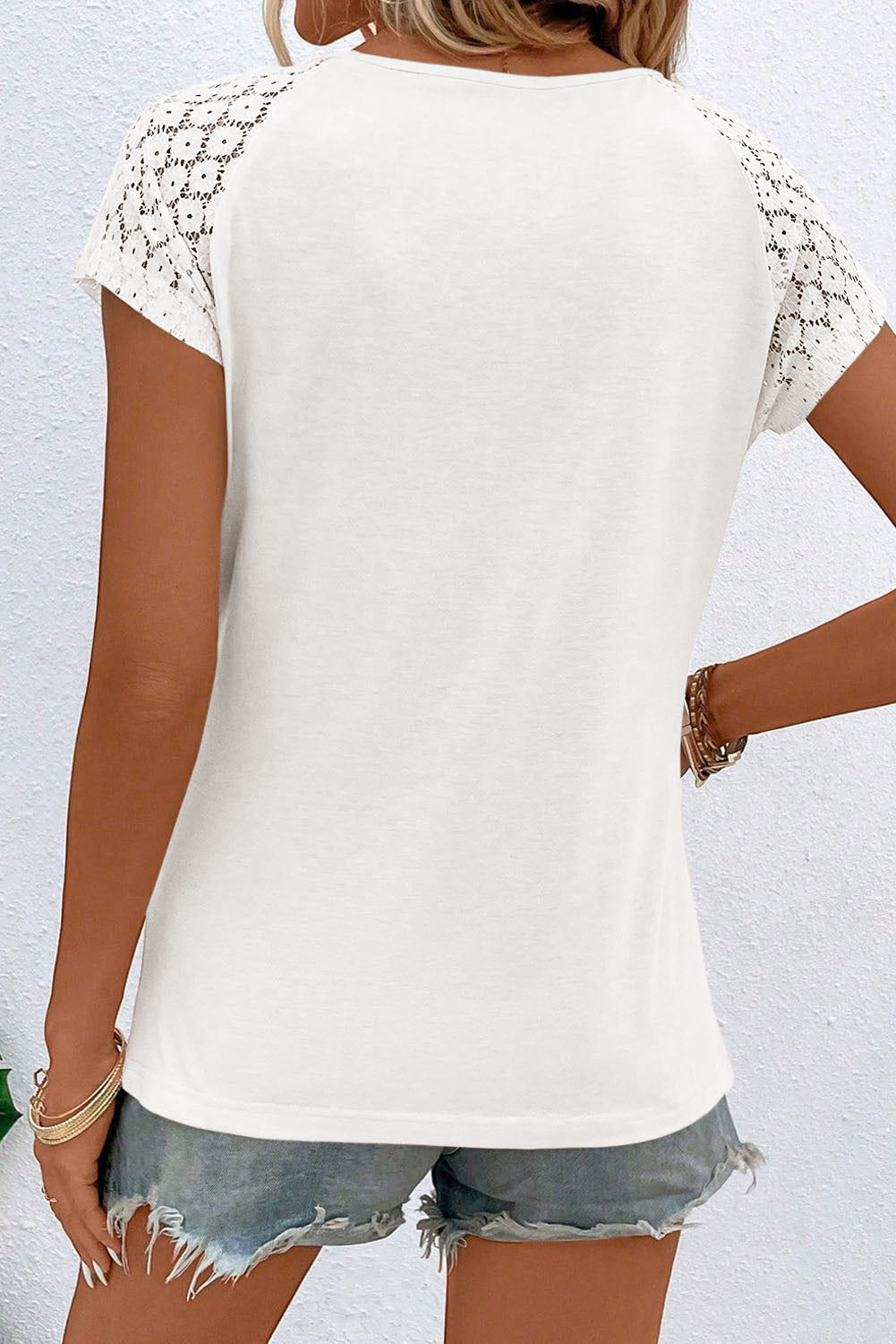 White Contrast Lace Sleeve Keyhole Decor Top