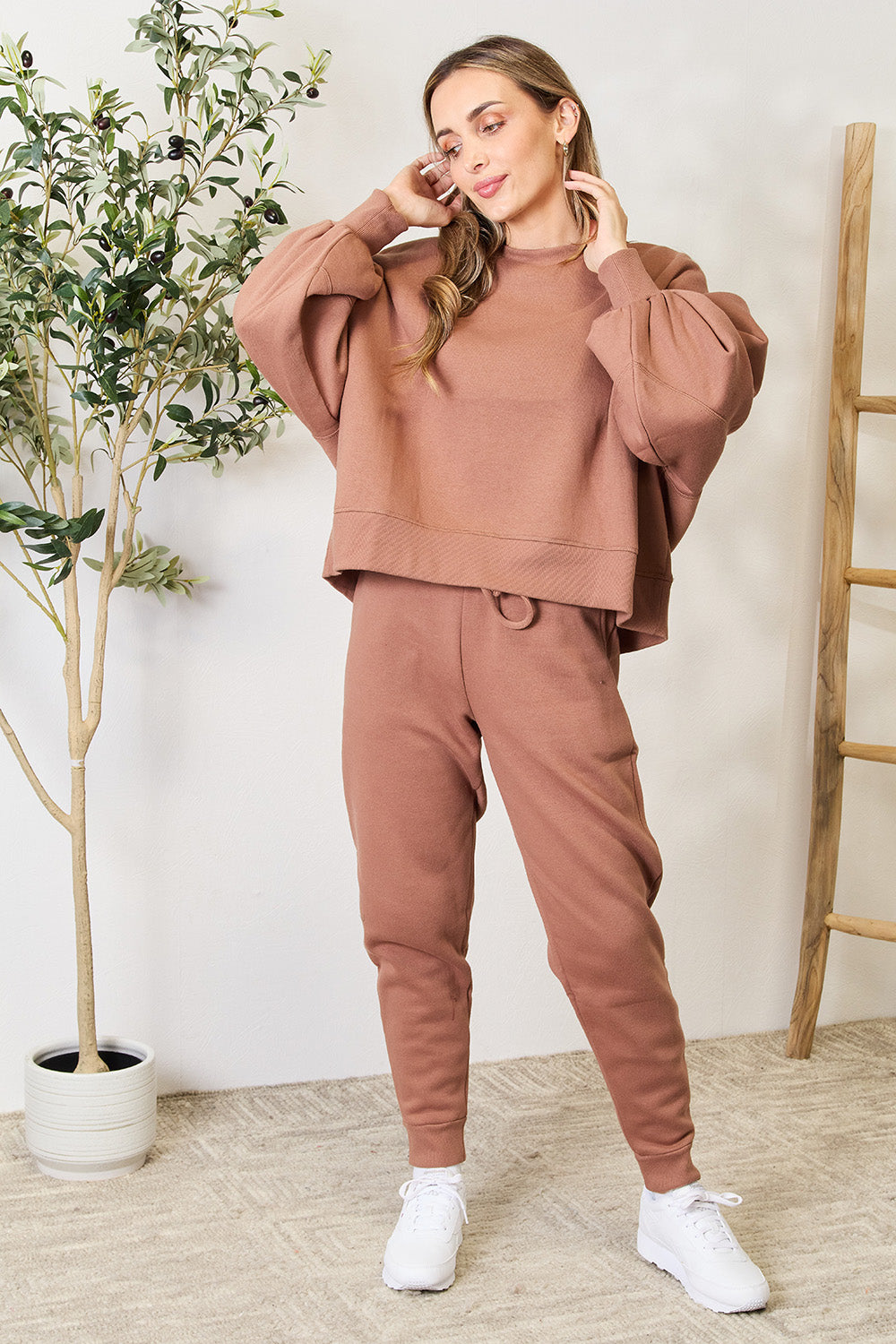 Zenana Lantern Sleeve Sweatshirt and Drawstring Sweatpants Set