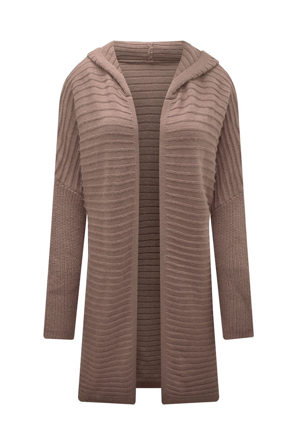 Brown Horizontal Rib Knitted Open Front Hooded Cardigan