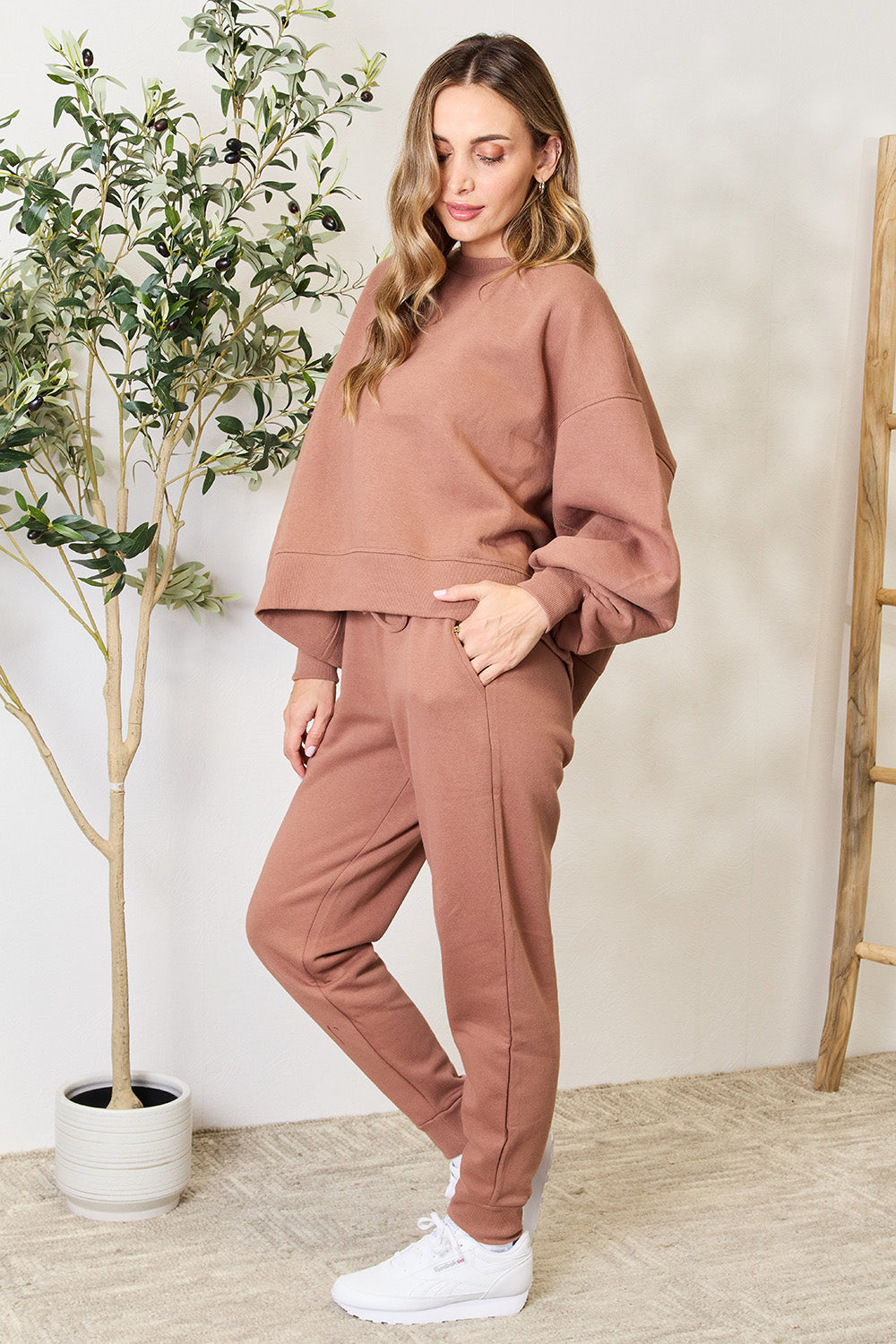 Zenana Lantern Sleeve Sweatshirt and Drawstring Sweatpants Set