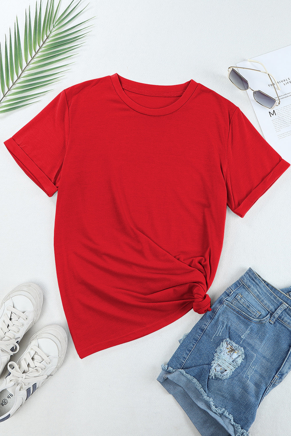 Red Casual Plain Crew Neck Tee