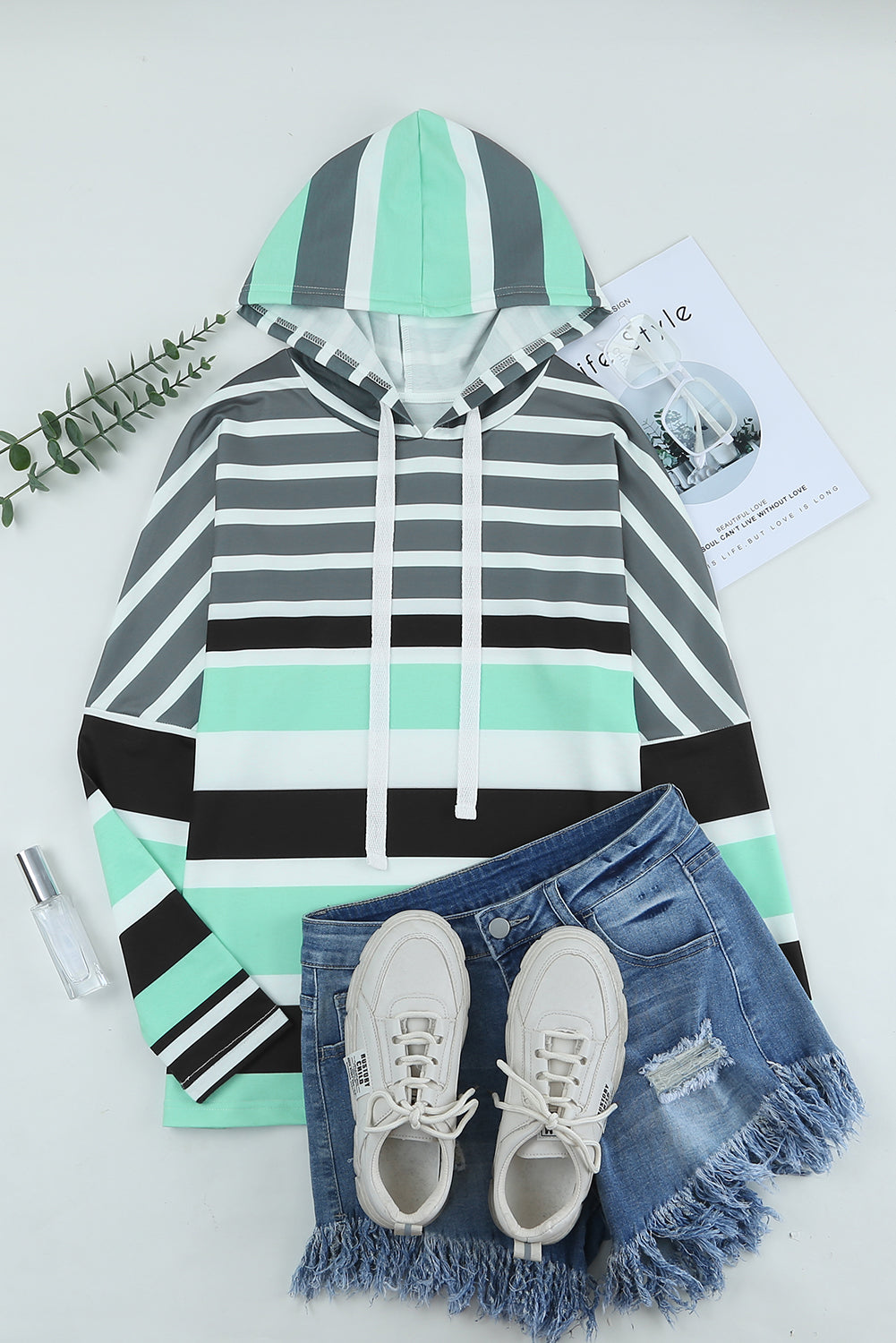 Green Striped Drawstring Long Sleeve Hoodie