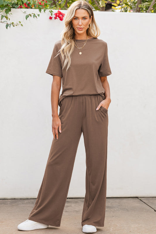 Smoke Gray Solid Color T Shirt 2pcs Wide Leg Pants Set