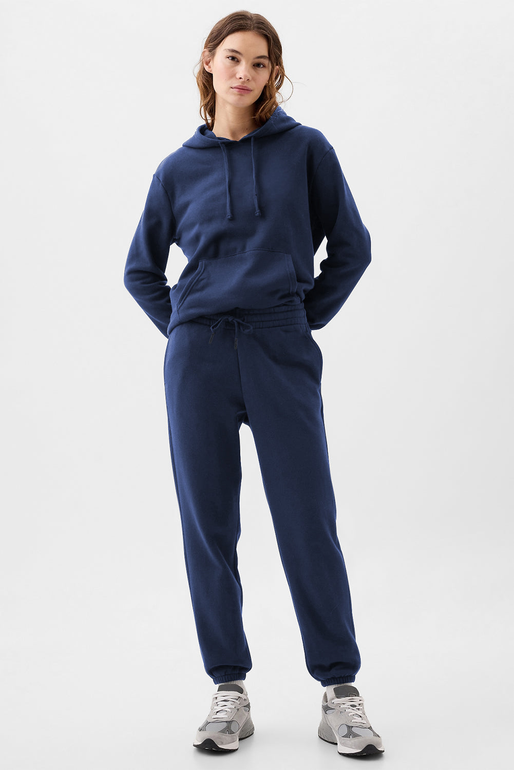 Navy Blue Solid Color Fleece Lined Drawstring Waist Joggers