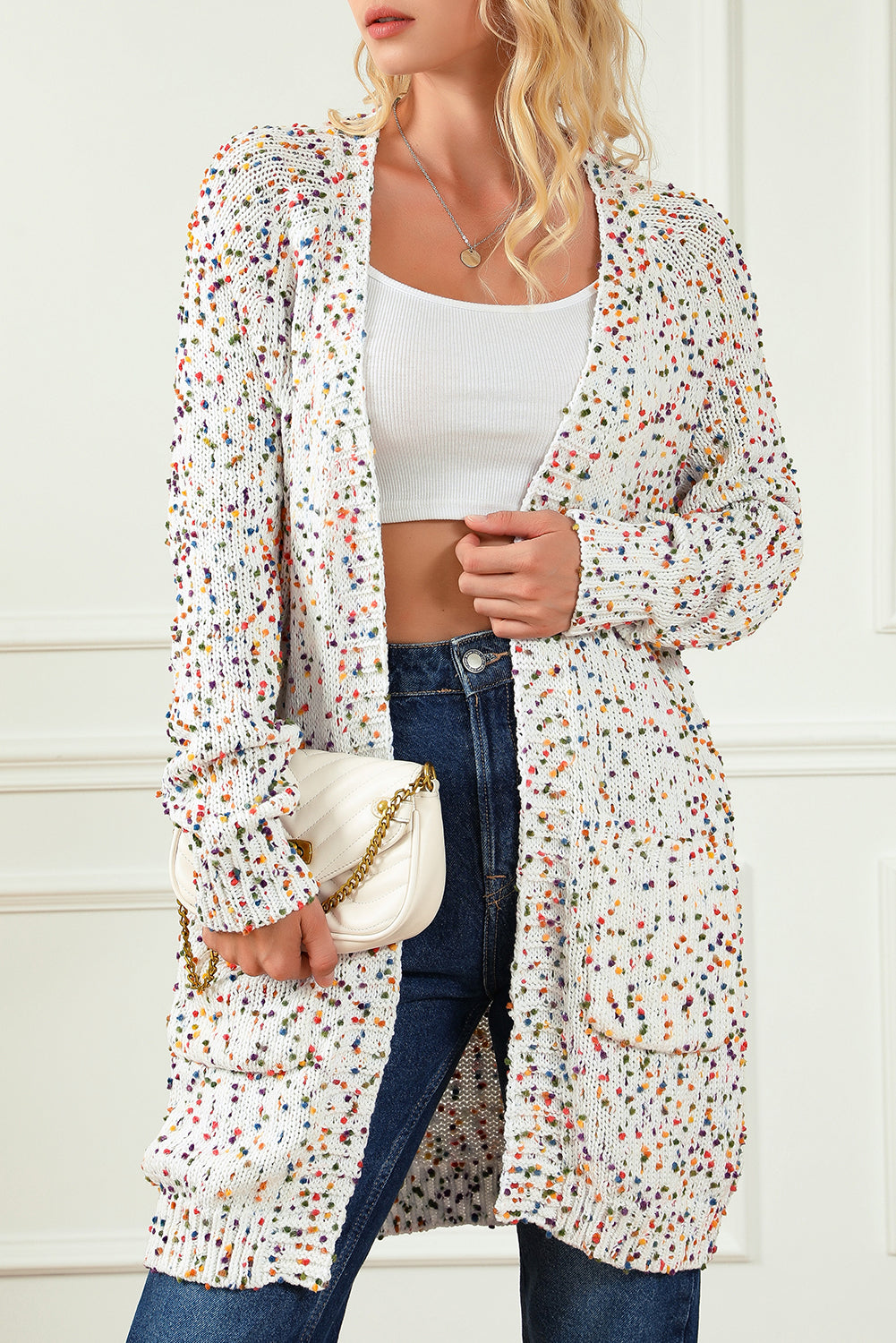 White Rainbow Popcorn Confetti Open Front Cardigan