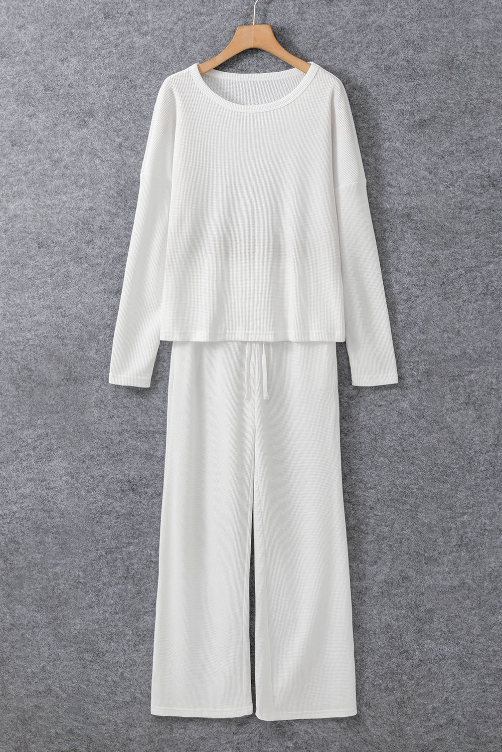 White Textured Long Sleeve T Shirt and Pants Lounge Set