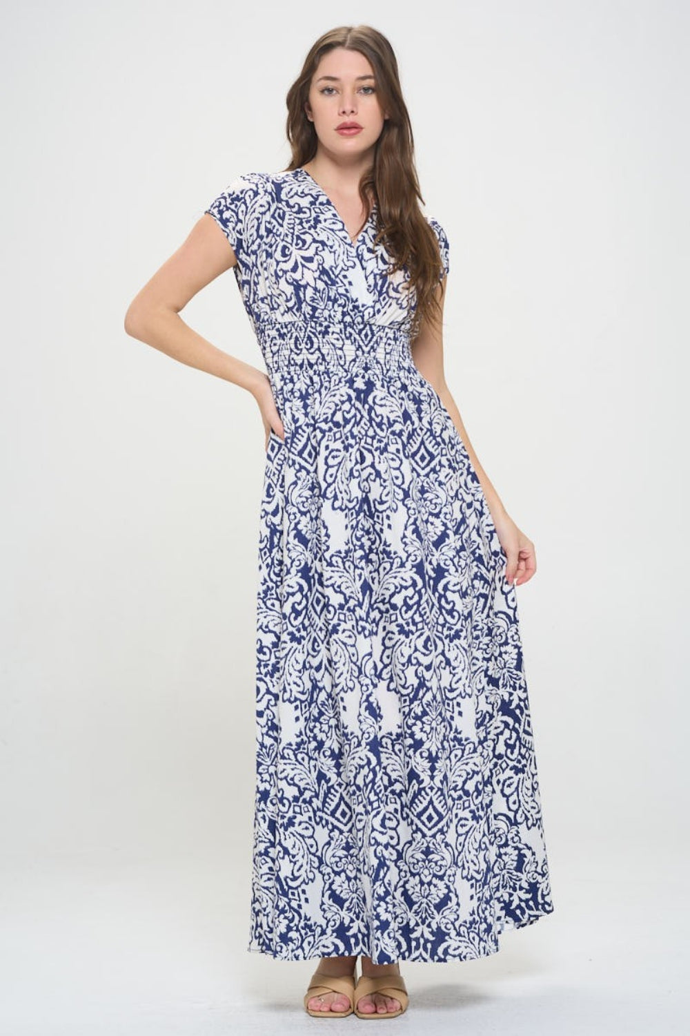 RENEE C Printed Smocked Waist Maxi Dress