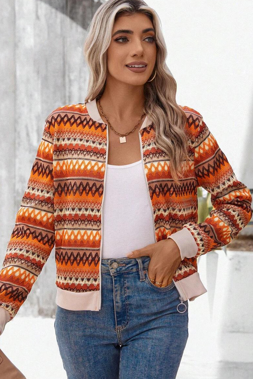 Orange Boho Striped Zip Up Long Sleeve Jacket