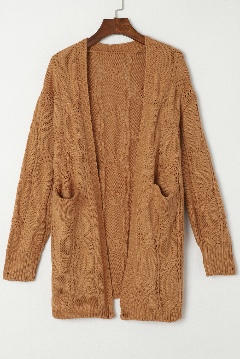 Khaki Ribbed Trim Eyelet Cable Knit Cardigan