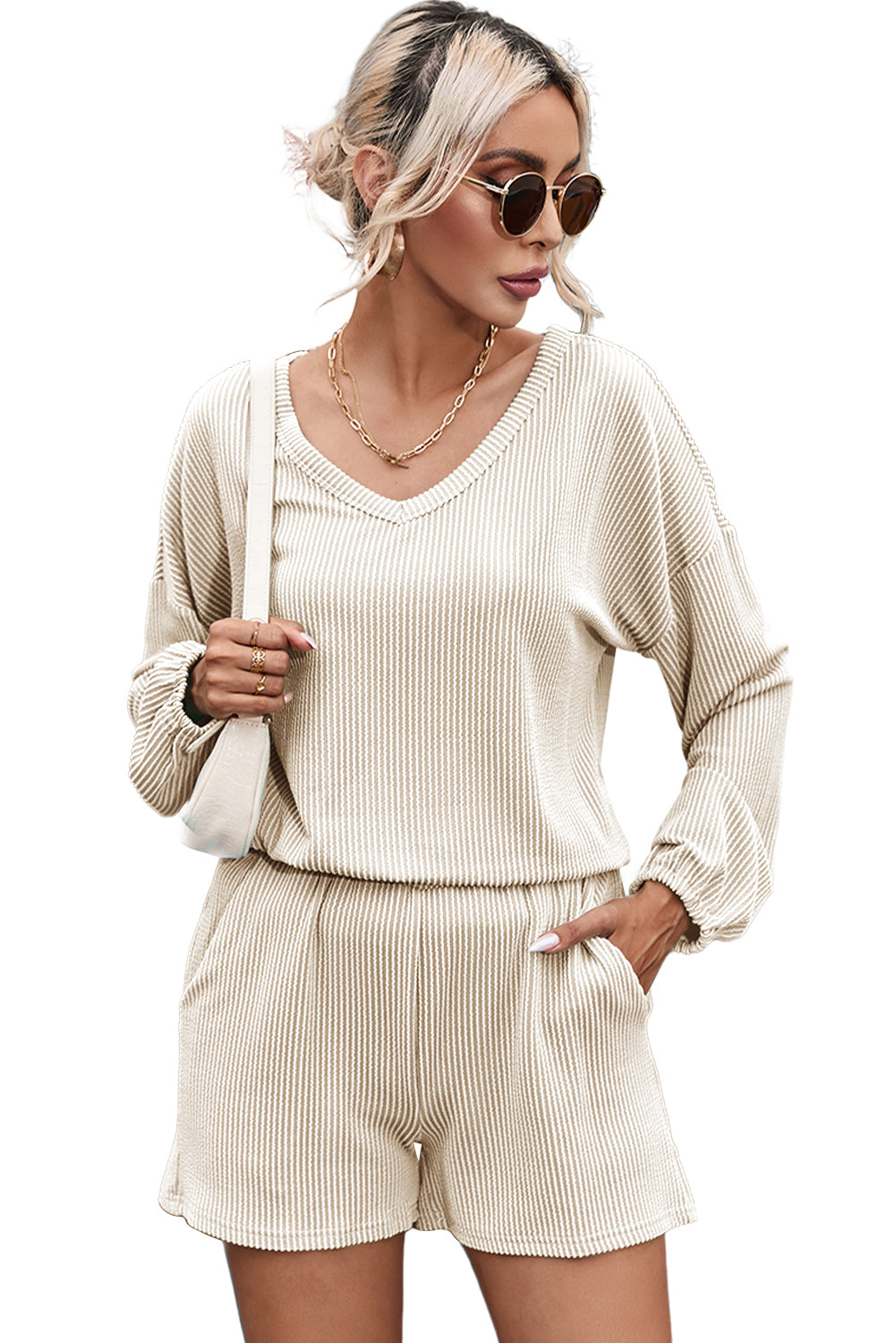 Beige Corded V Neck Slouchy Top Pocketed Shorts Set