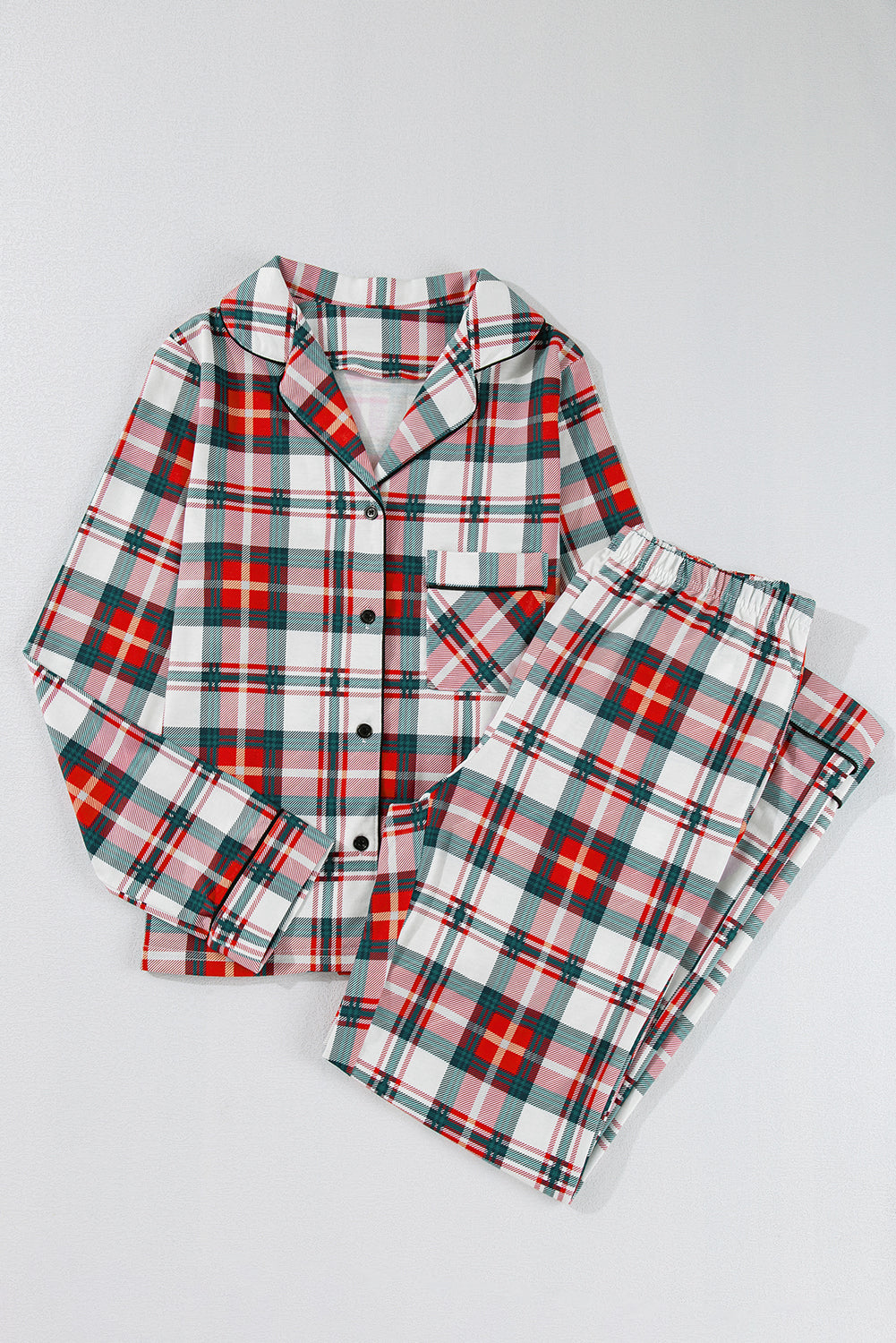 Red Christmas Plaid Print Two Piece Long Sleeve Pajamas Set