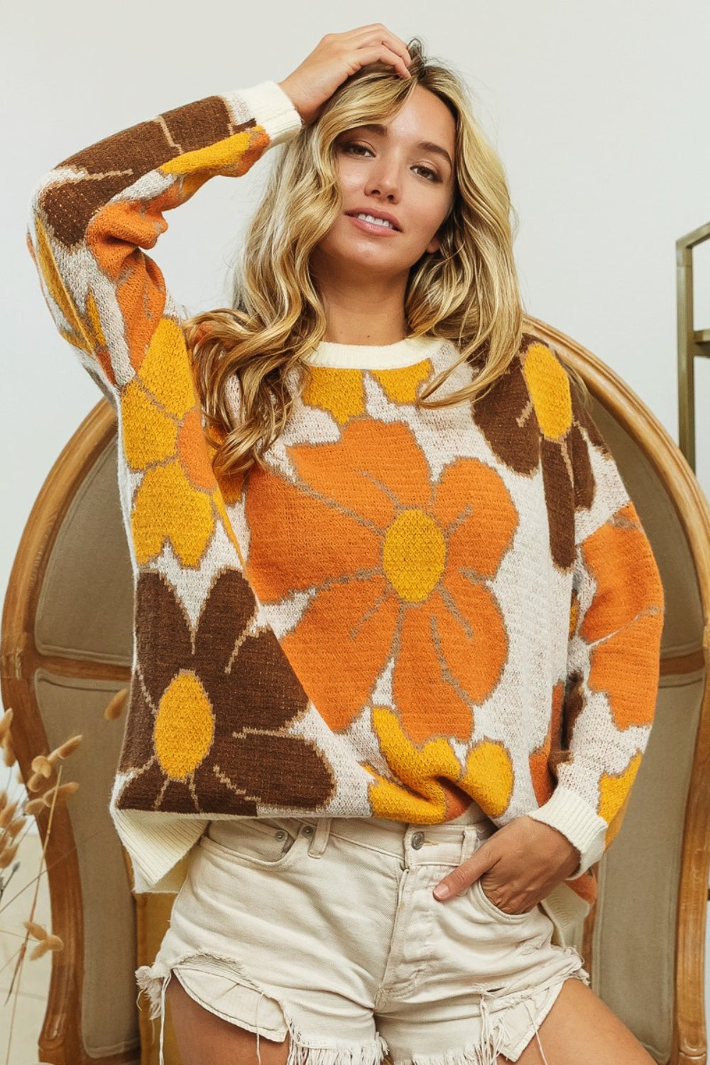 BiBi Round Neck Flower Pattern Sweater