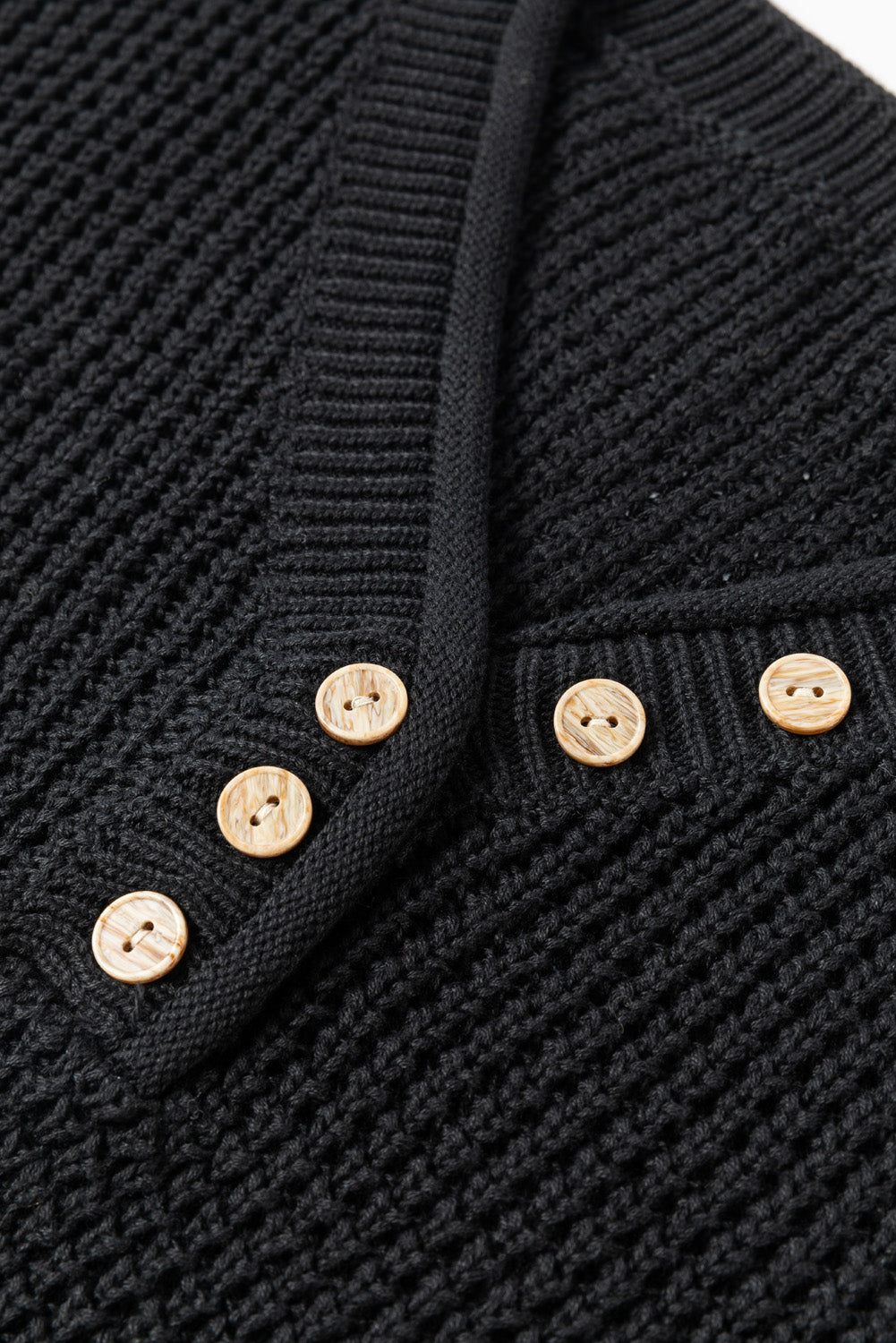 Black Pointelle Knit Button V Neck Drop Shoulder Sweater