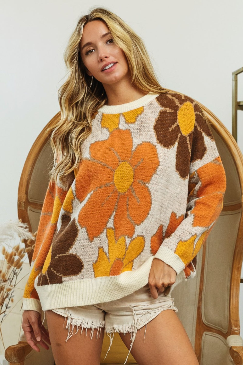 BiBi Round Neck Flower Pattern Sweater