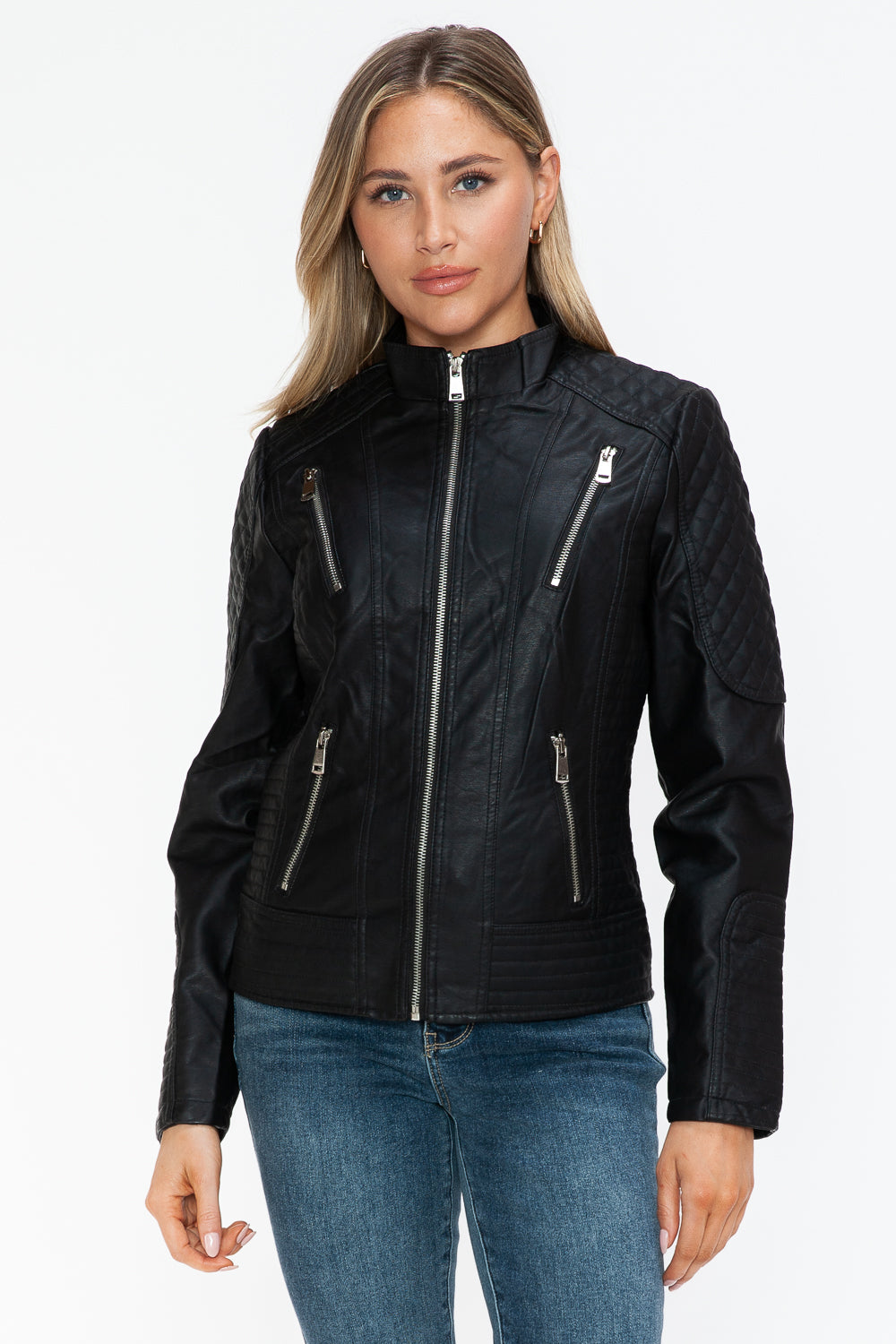 Snobbish Faux Leather Zip Up Mock Neck Jacket